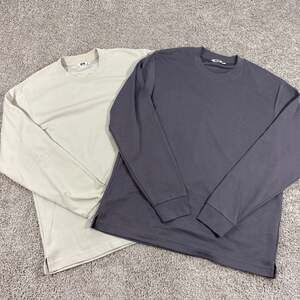 Uniqlo AIRism Long Sleeve Shirt Mens Large Gray Beige Lot 2 Minimal Basic Tee
